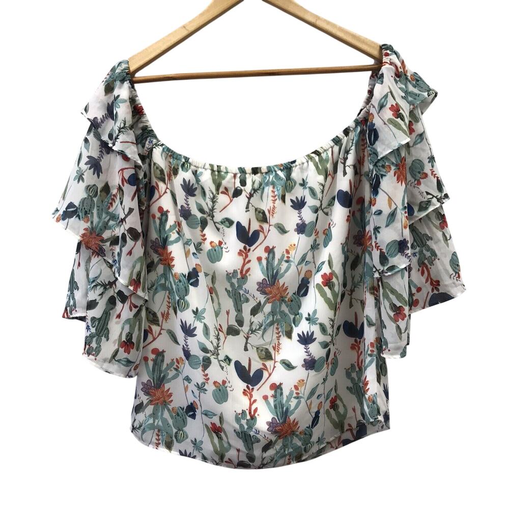 Walter Baker Top Womens XS Floral Off Shoulder Tiered Sleeves Sheer Lined